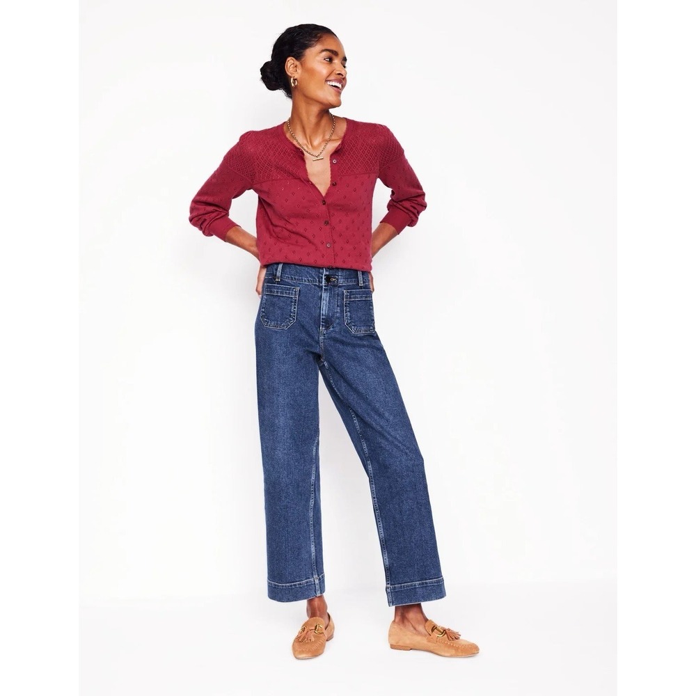 High Rise Wide Leg Patch Pocket‎ Jeans Medium Wash Double Button Denim